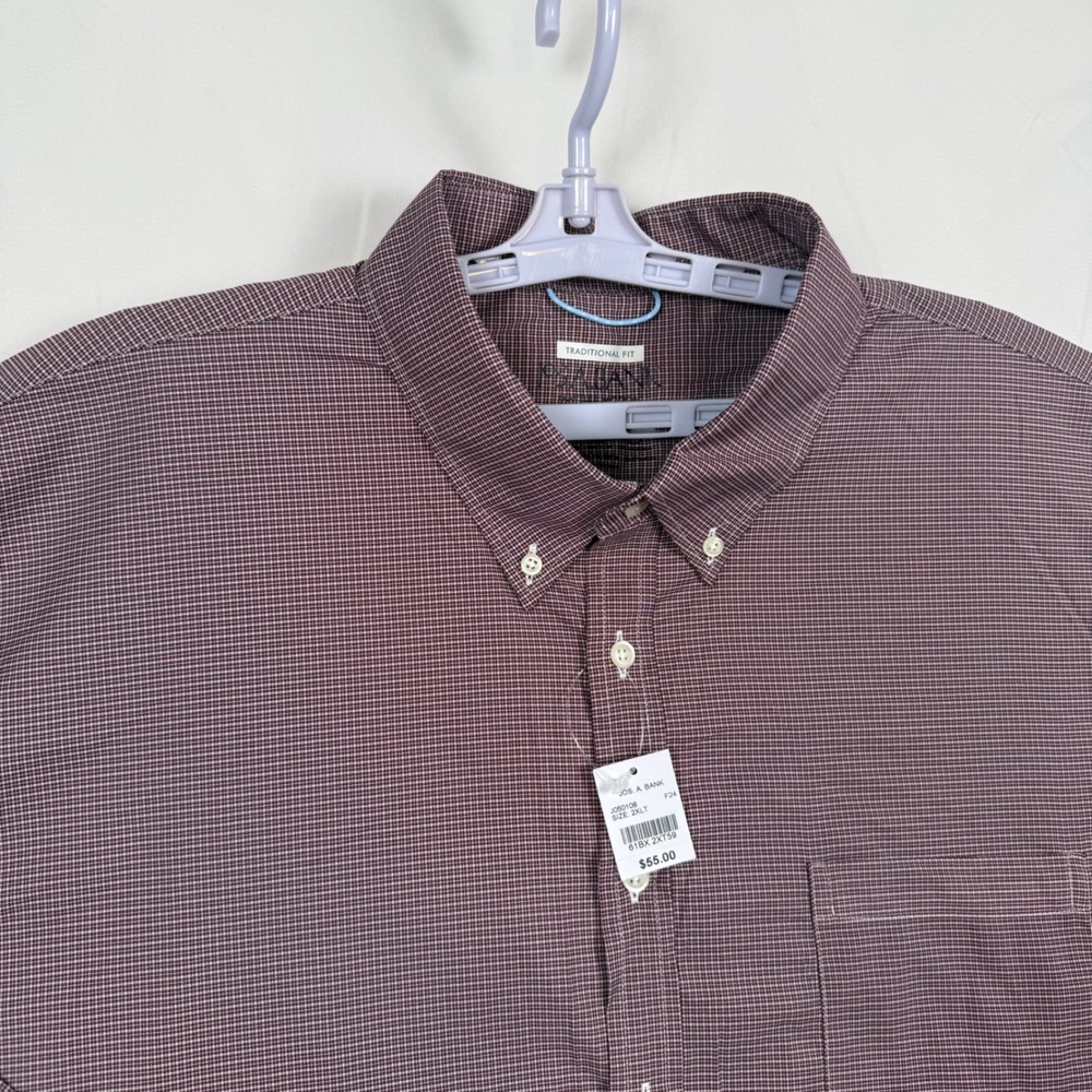 Jos A Bank Traveler Motion Shirt Mens 2XLT Traditional Fit Burgundy Houndstooth